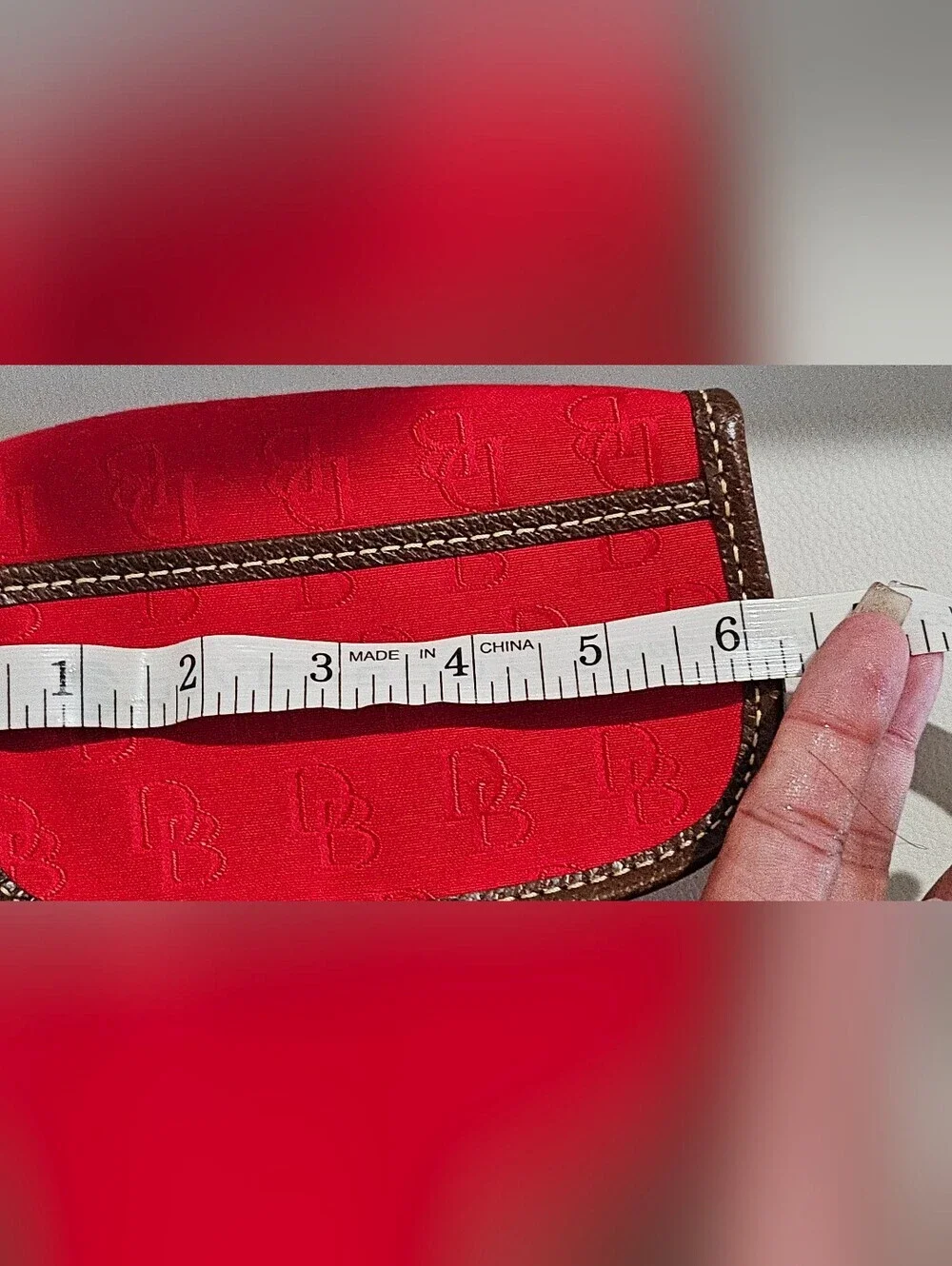 Dooney & Bourke Red Monogram Wristlet Pouch Brown Trim Smal Clutch Wallet.